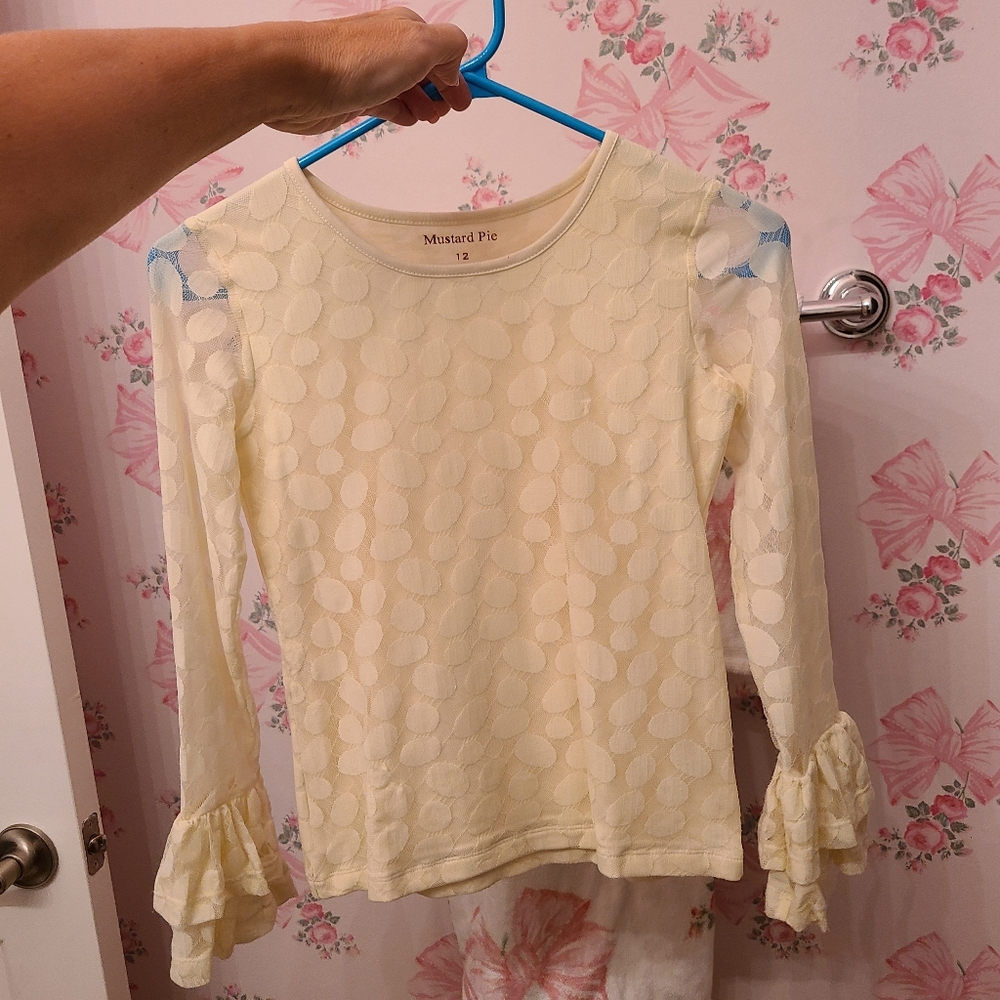 Mustard Pie size 12 cream, lace, polka, long-sleeve top